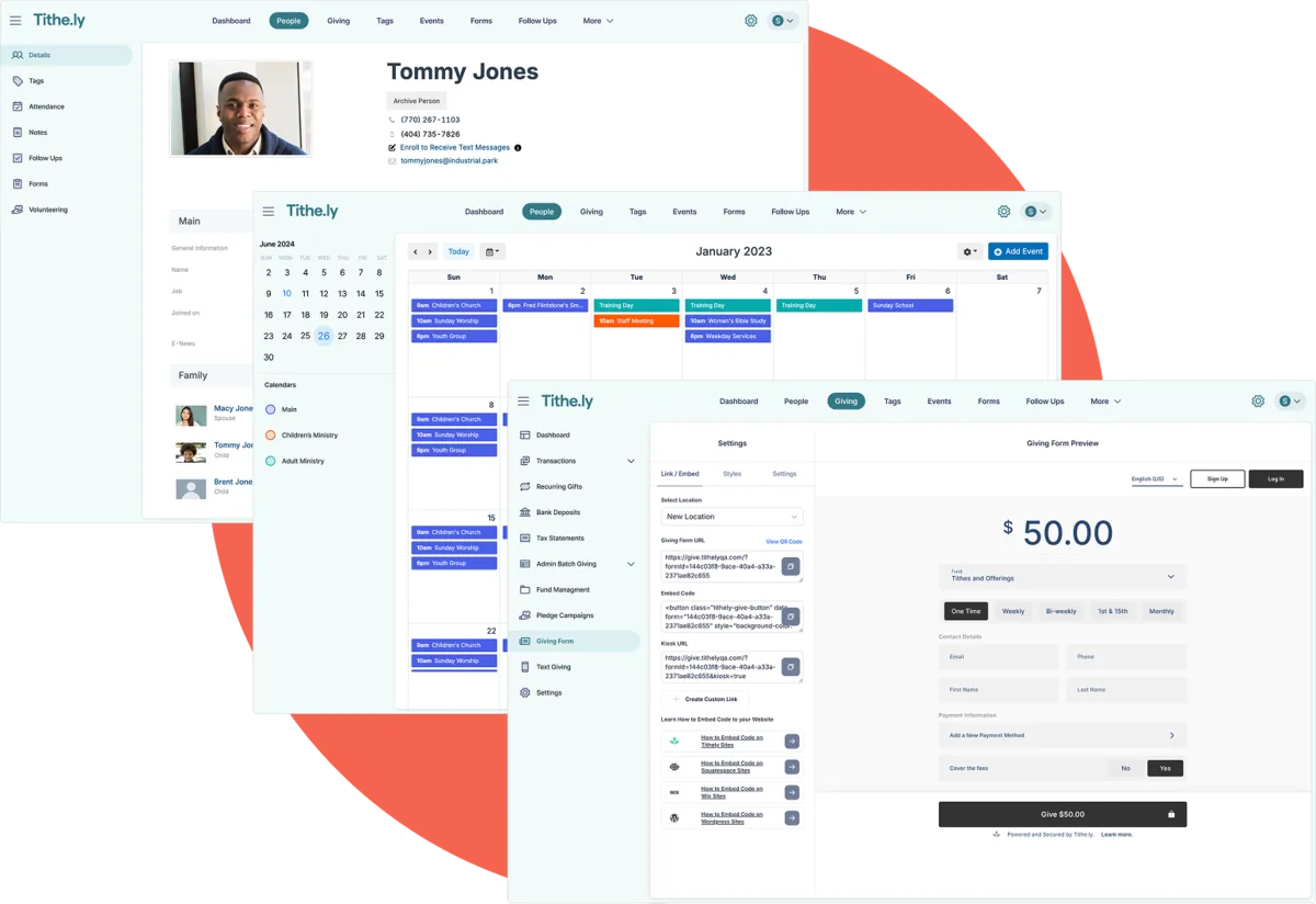 Breeze ChMS (Tithely Church Management) interface, July 2026